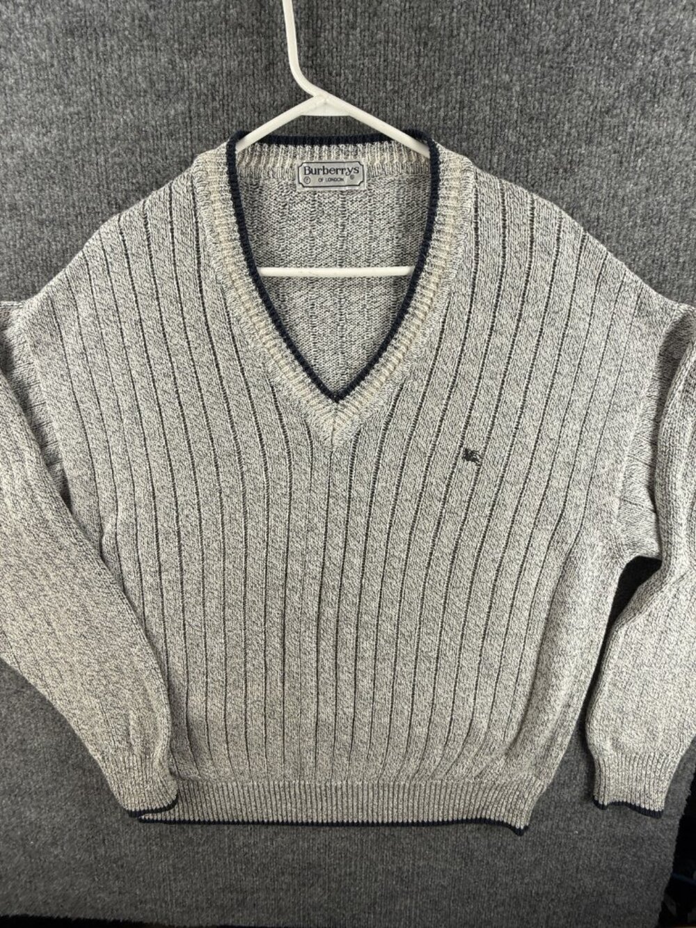 Burberry London Men Gray Pullover Cotton Acrylic V-Neck Logo 7 Long Sleeve Knit